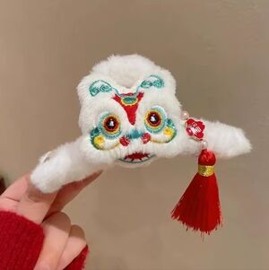 White Plush Lion Dance Hair Clip with Red Tassel